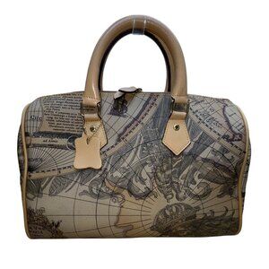 Millionaire Women’s Tan Antique Map Print Leather Via Vee World Satchel Bag